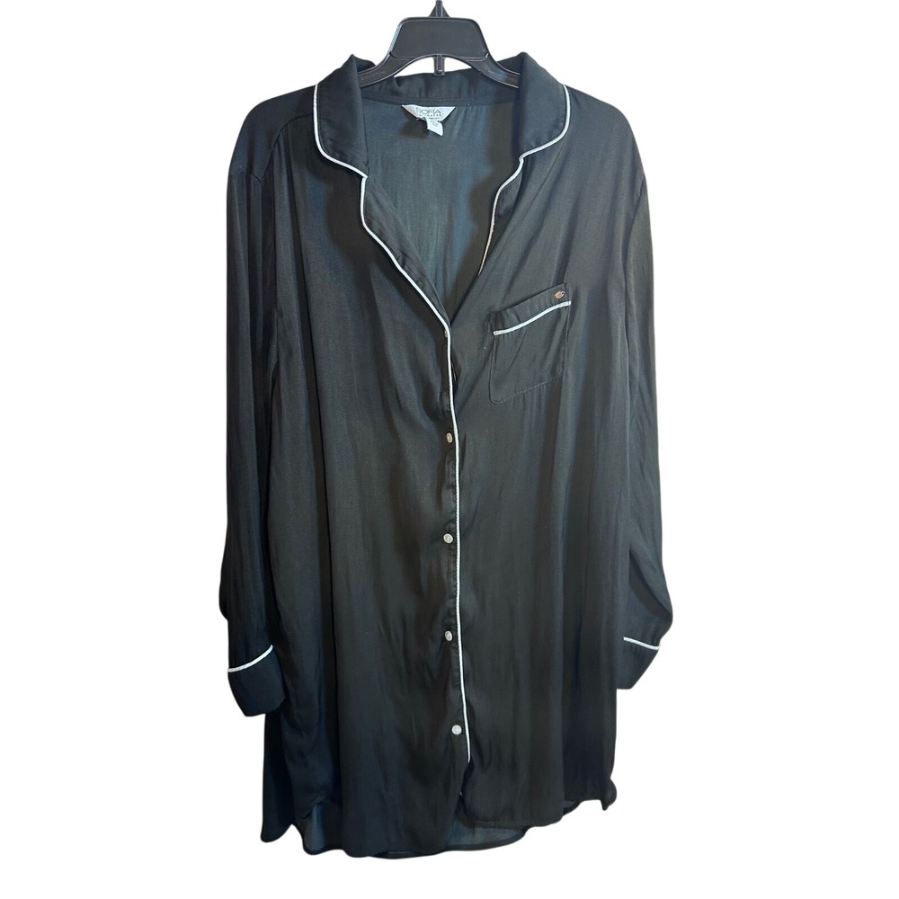 Sofia Intimates Sleep Shirt L Black Contrast Piping Button Down Womens SV11594